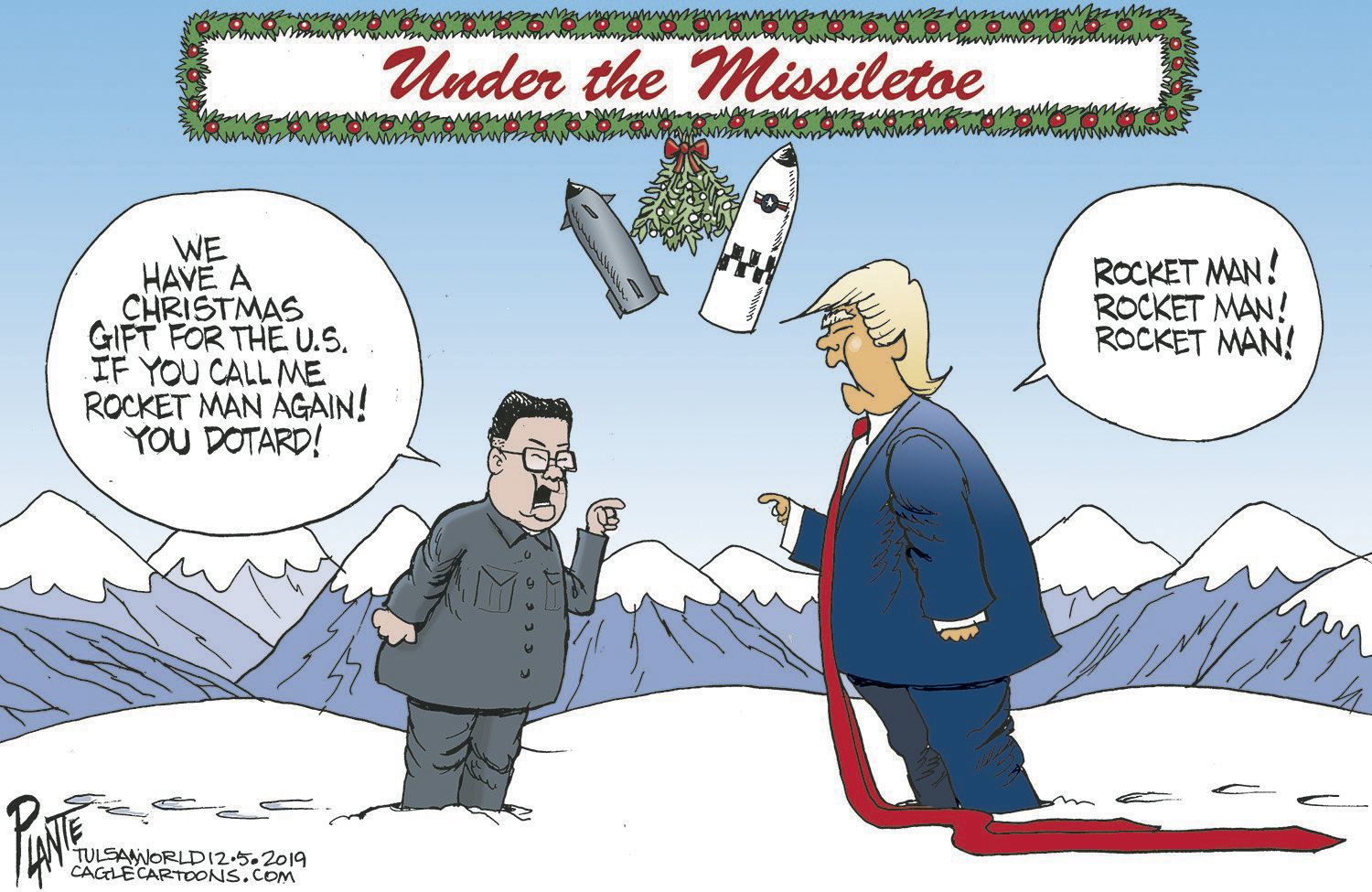 Bruce Plante Cartoon: Trump under the missiletoe